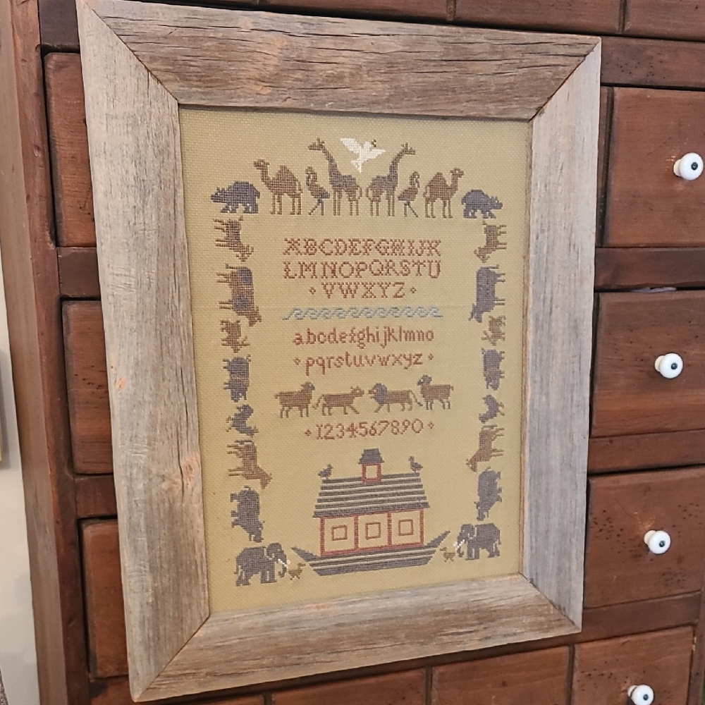 Rustic Alphabet Sampler with Animals in Wooden Frame Cross-Stitch Vintage